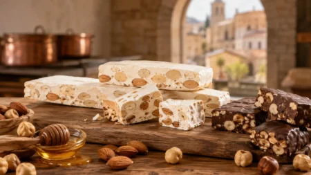 Torrone di Benevento, dal miele dei cupetari ai croccantini del Sannio Torrone di Benevento con mandorle, nocciole, miele e croccantino al cioccolato